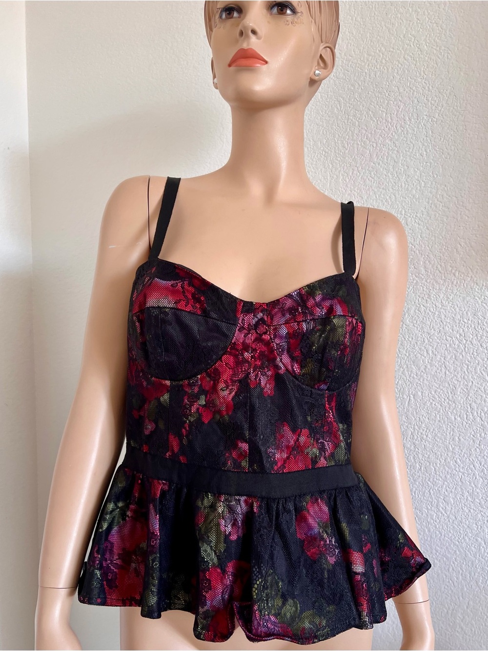 Marchesa Black Lace Floral Peplum Cami with Red and Green Accents